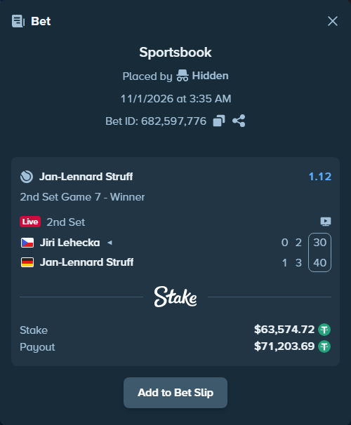 Bet slip: Jiri Lehecka - Jan-Lennard Struff, $63,638.29 stake at 1.12 odds, placed by Hidden