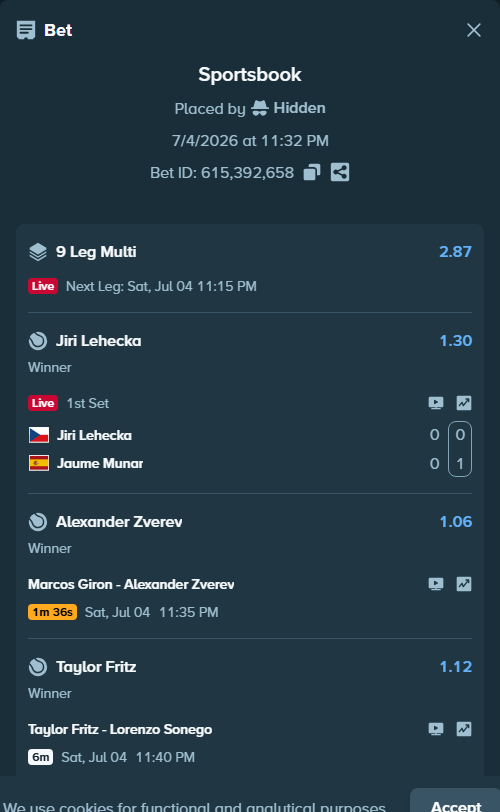 Bet slip: Jiri Lehecka - Jaume Munar, $100,000.00 stake at 1.30 odds, placed by EaurigaT