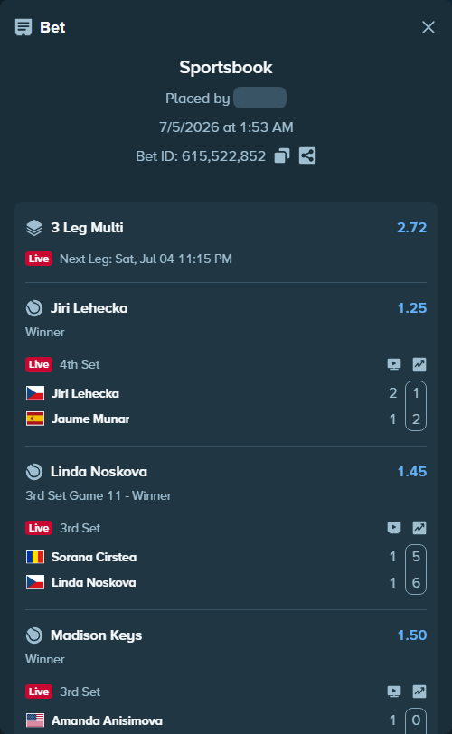Bet slip: Jiri Lehecka - Jaume Munar, $19,000.00 stake at 1.25 odds, placed by haydari