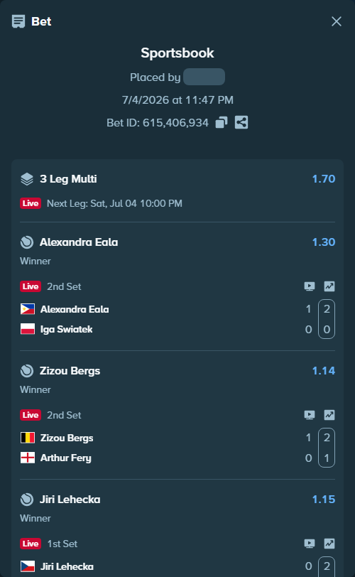 Bet slip: Jiri Lehecka - Jaume Munar, $25,025.00 stake at 1.15 odds, placed by AsTraL11