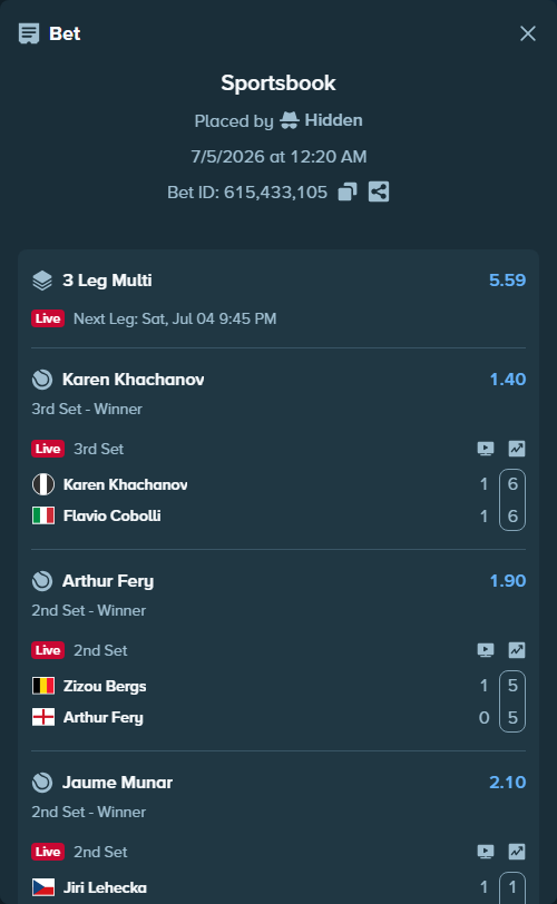 Bet slip: Jiri Lehecka - Jaume Munar, $50,039.99 stake at 2.10 odds, placed by Hidden