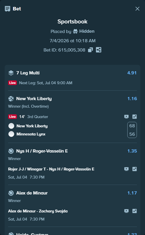 Bet slip: Jiri Lehecka - Jaume Munar, $98,911.32 stake at 1.30 odds, placed by Hidden