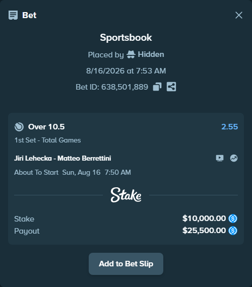 Bet slip: Jiri Lehecka - Matteo Berrettini, $10,000.00 stake at 2.55 odds, placed by Hidden