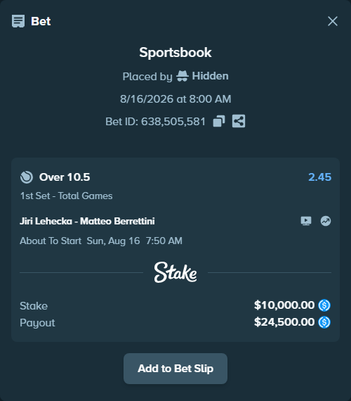 Bet slip: Jiri Lehecka - Matteo Berrettini, $10,000.00 stake at 2.45 odds, placed by Hidden