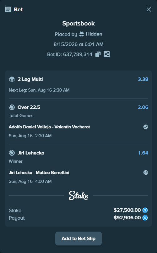 Bet slip: Jiri Lehecka - Matteo Berrettini, $27,500.00 stake at 1.64 odds, placed by Hidden