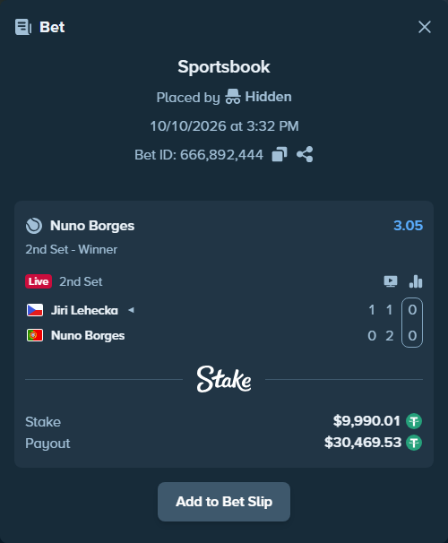 Bet slip: Jiri Lehecka - Nuno Borges, $10,000.00 stake at 3.05 odds, placed by BetlikeaKing