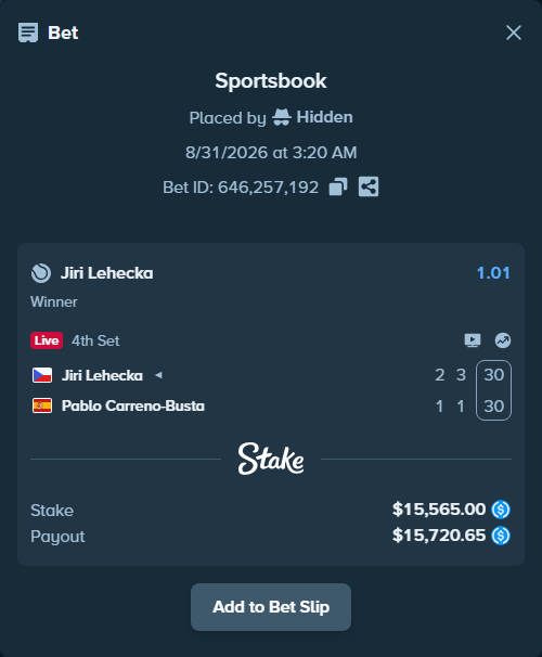 Bet slip: Jiri Lehecka - Pablo Carreno-Busta, $15,565.00 stake at 1.01 odds, placed by Hidden
