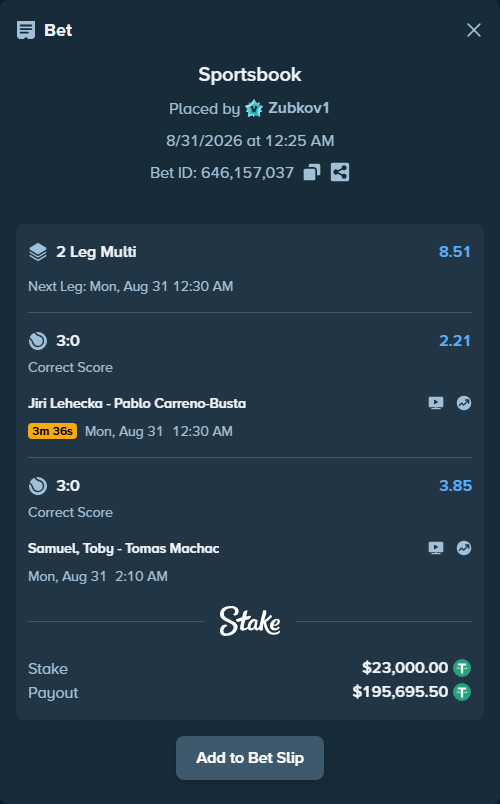 Bet slip: Jiri Lehecka - Pablo Carreno-Busta, $23,000.00 stake at 2.21 odds, placed by Zubkov1