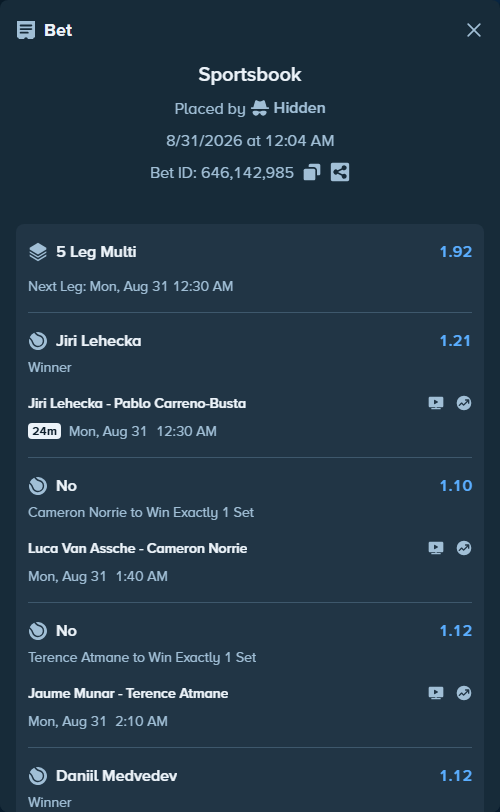 Bet slip: Jiri Lehecka - Pablo Carreno-Busta, $25,000.00 stake at 1.21 odds, placed by Hidden