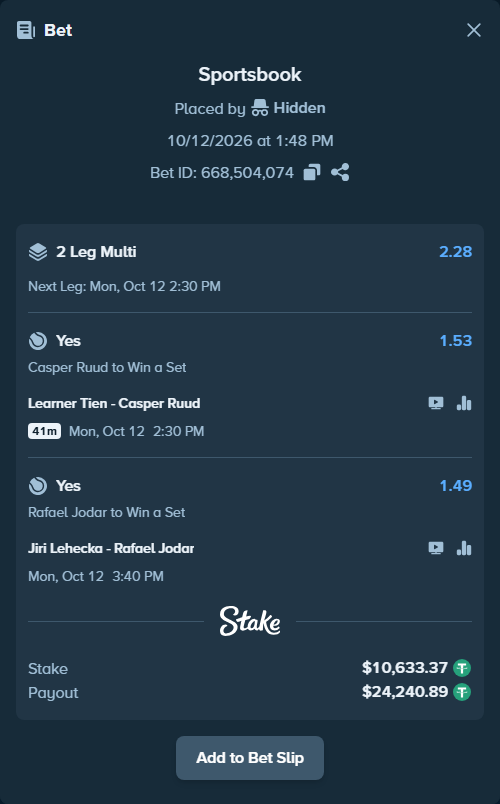 Bet slip: Jiri Lehecka - Rafael Jodar, $10,644.00 stake at 1.49 odds, placed by Hidden