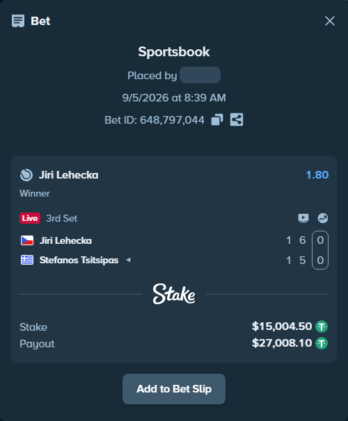 Bet slip: Jiri Lehecka - Stefanos Tsitsipas, $15,000.00 stake at 1.80 odds, placed by Mrazova