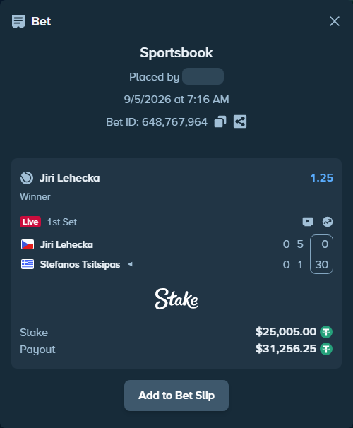 Bet slip: Jiri Lehecka - Stefanos Tsitsipas, $25,000.00 stake at 1.25 odds, placed by Palo6