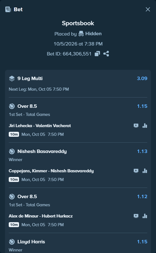 Bet slip: Jiri Lehecka - Valentin Vacherot, $150,000.00 stake at 1.15 odds, placed by OplatekRafal