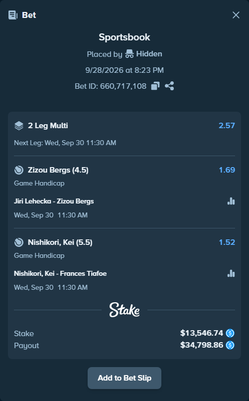 Bet slip: Jiri Lehecka - Zizou Bergs, $13,546.74 stake at 1.69 odds, placed by Hidden