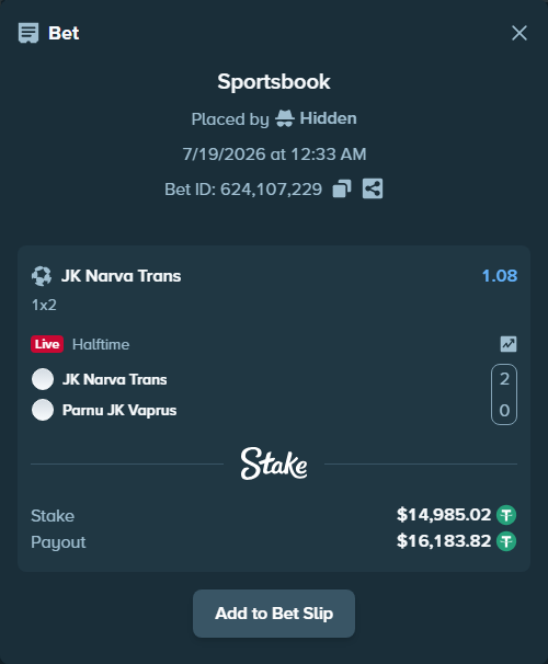Bet slip: JK Narva Trans - Parnu JK Vaprus, $15,000.00 stake at 1.08 odds, placed by Hidden