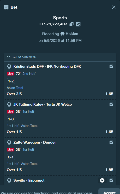Bet slip: JK Tallinna Kalev - Tartu JK Welco, $10,000.00 stake at 1.65 odds, placed by Hidden