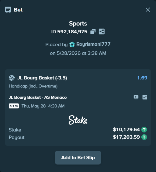 Bet slip: JL Bourg Basket - AS Monaco, $10,200.00 stake at 1.69 odds, placed by Royrismani777