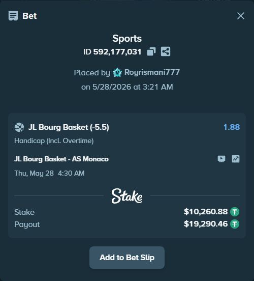 Bet slip: JL Bourg Basket - AS Monaco, $10,281.40 stake at 1.88 odds, placed by Royrismani777