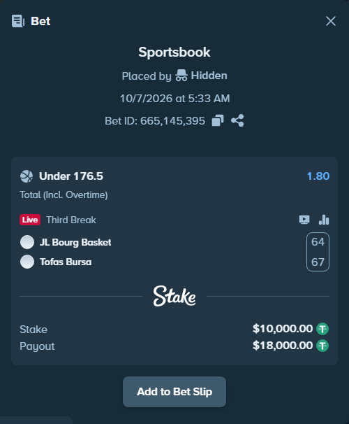 Bet slip: JL Bourg Basket - Tofas SK Bursa, $10,000.00 stake at 1.80 odds, placed by Hidden