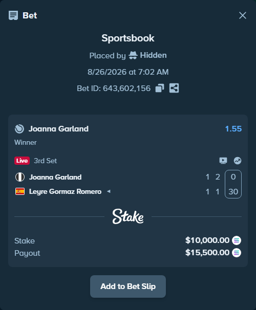 Bet slip: Joanna Garland - Leyre Gormaz Romero, $10,073.42 stake at 1.55 odds, placed by Hidden