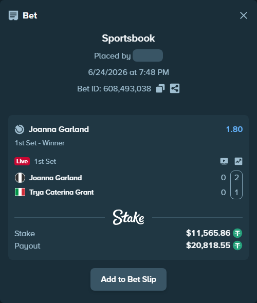 Bet slip: Joanna Garland - Trya Caterina Grant, $11,577.43 stake at 1.80 odds, placed by SBoSS97