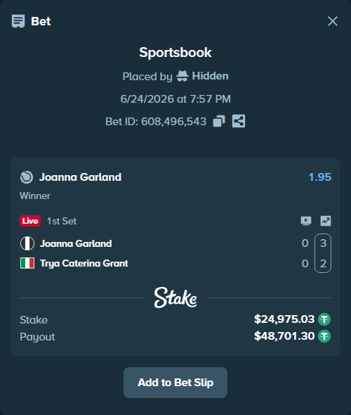 Bet slip: Joanna Garland - Trya Caterina Grant, $25,000.00 stake at 1.95 odds, placed by Hidden