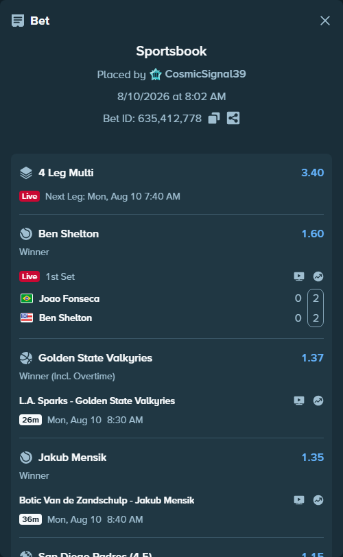Bet slip: Joao Fonseca - Ben Shelton, $10,895.01 stake at 1.60 odds, placed by CosmicSignal39