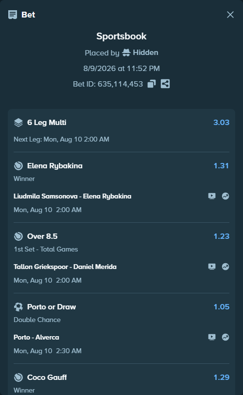 Bet slip: Joao Fonseca - Ben Shelton, $125,125.00 stake at 1.13 odds, placed by Hidden