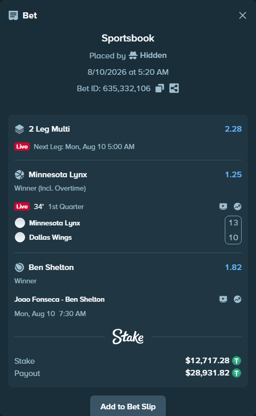 Bet slip: Joao Fonseca - Ben Shelton, $12,730.00 stake at 1.82 odds, placed by Hidden
