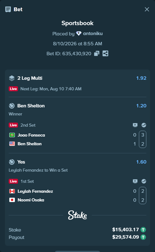 Bet slip: Joao Fonseca - Ben Shelton, $15,418.57 stake at 1.20 odds, placed by antoniku