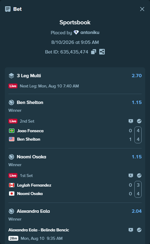 Bet slip: Joao Fonseca - Ben Shelton, $15,434.01 stake at 1.15 odds, placed by antoniku
