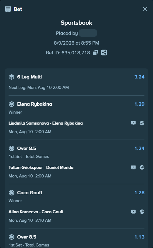 Bet slip: Joao Fonseca - Ben Shelton, $39,073.79 stake at 1.13 odds, placed by EaurigaT