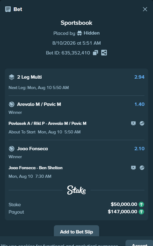 Bet slip: Joao Fonseca - Ben Shelton, $50,050.00 stake at 2.10 odds, placed by Hidden