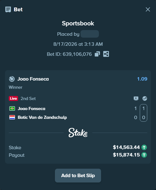 Bet slip: Joao Fonseca - Botic Van de Zandschulp, $14,578.00 stake at 1.09 odds, placed by Mopsik33