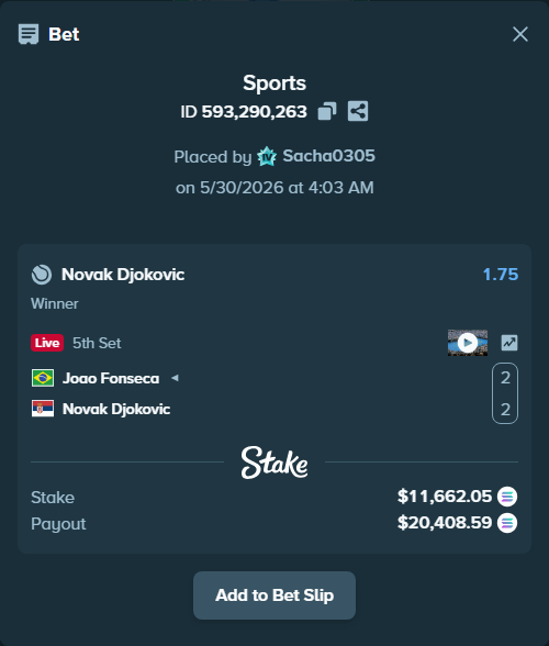 Bet slip: Joao Fonseca - Novak Djokovic, $10,237.58 stake at 1.75 odds, placed by Sacha0305