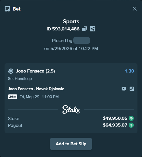 Bet slip: Joao Fonseca - Novak Djokovic, $50,000.00 stake at 1.30 odds, placed by hingis79