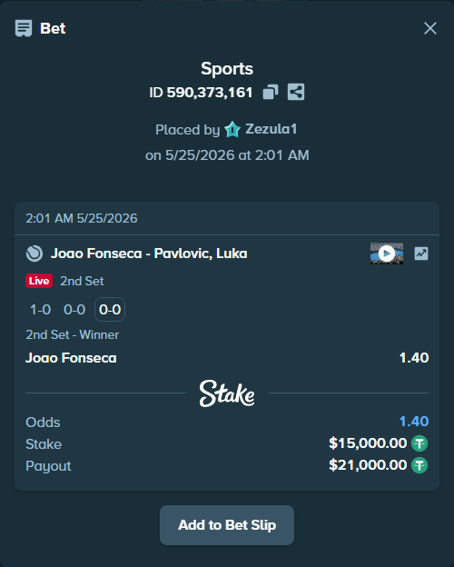 Bet slip: Joao Fonseca - Pavlovic, Luka, $15,000.00 stake at 1.40 odds, placed by Zezula1