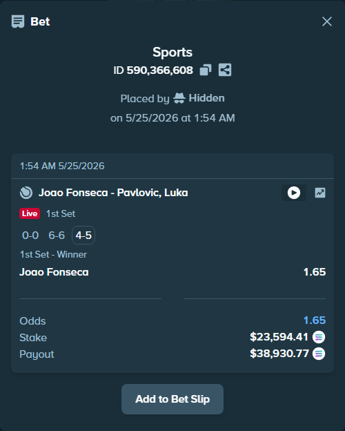 Bet slip: Joao Fonseca - Pavlovic, Luka, $20,265.17 stake at 1.65 odds, placed by Prettylfacko98