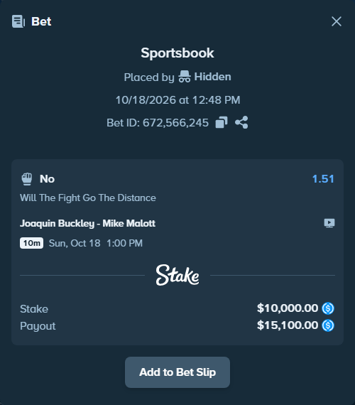 Bet slip: Joaquin Buckley - Mike Malott, $10,000.00 stake at 1.51 odds, placed by Hidden