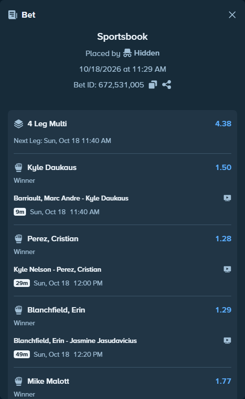 Bet slip: Joaquin Buckley - Mike Malott, $22,865.84 stake at 1.77 odds, placed by Hidden