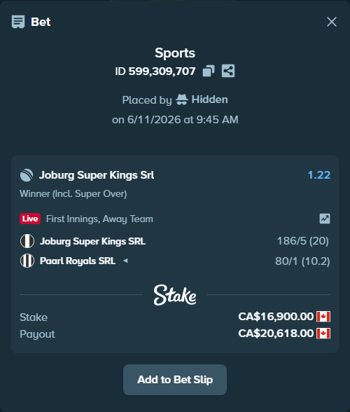 Bet slip: Joburg Super Kings SRL - Paarl Royals SRL, $12,506.00 stake at 1.22 odds, placed by Hidden