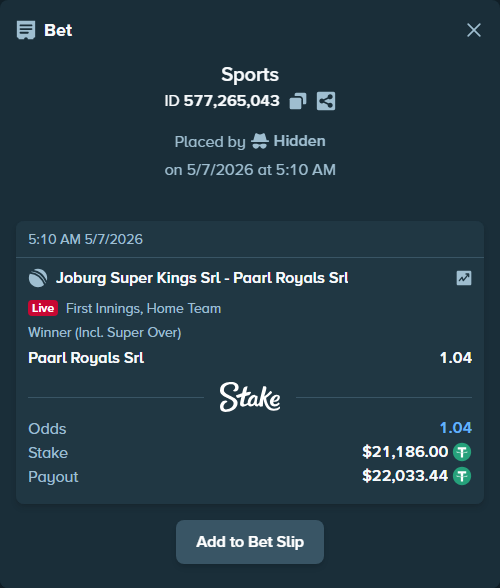 Bet slip: Joburg Super Kings SRL - Paarl Royals SRL, $21,186.00 stake at 1.04 odds, placed by Hidden