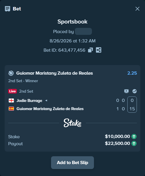 Bet slip: Jodie Burrage - Guiomar Maristany Zuleta de Reales, $10,000.00 stake at 2.25 odds, placed by WinTr10
