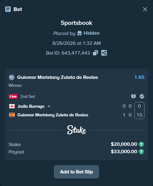 Bet slip: Jodie Burrage - Guiomar Maristany Zuleta de Reales, $20,000.00 stake at 1.65 odds, placed by Hidden