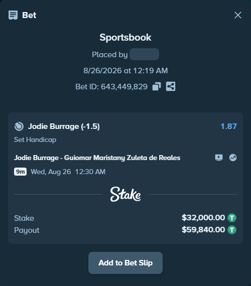 Bet slip: Jodie Burrage - Guiomar Maristany Zuleta de Reales, $32,000.00 stake at 1.87 odds, placed by Zubkov1