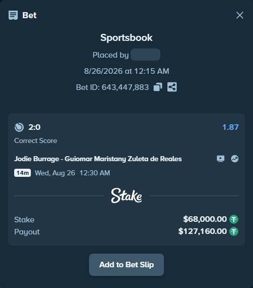 Bet slip: Jodie Burrage - Guiomar Maristany Zuleta de Reales, $68,000.00 stake at 1.87 odds, placed by Zubkov1