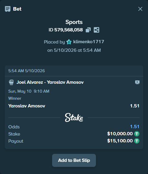 Bet slip: Joel Alvarez - Yaroslav Amosov, $10,000.00 stake at 1.51 odds, placed by klimenko1717