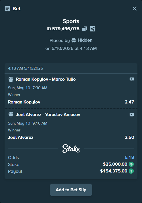 Bet slip: Joel Alvarez - Yaroslav Amosov, $25,000.00 stake at 2.50 odds, placed by Hidden