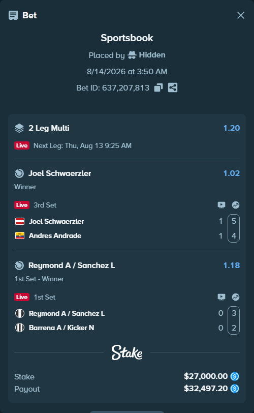Bet slip: Joel Schwaerzler - Andres Andrade, $27,000.00 stake at 1.02 odds, placed by Hidden