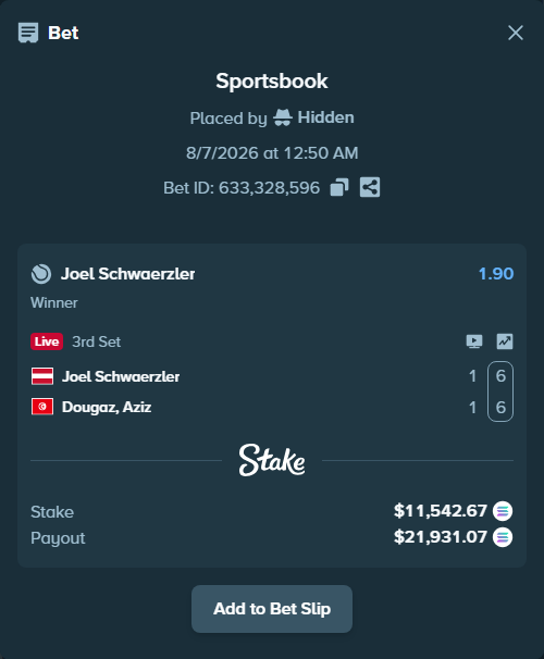 Bet slip: Joel Schwaerzler - Dougaz, Aziz, $11,407.76 stake at 1.90 odds, placed by Hidden